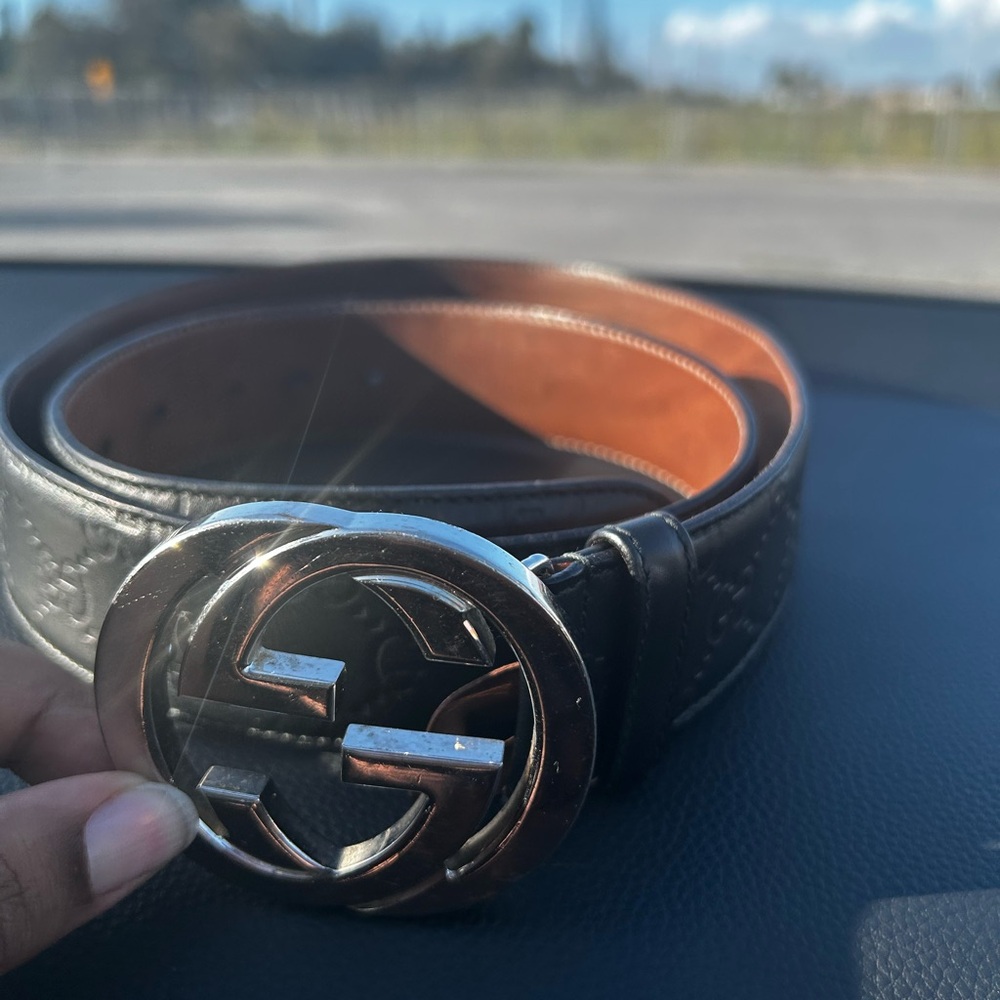 Gucci Black and Brown Leather Belt with Silver Buckle